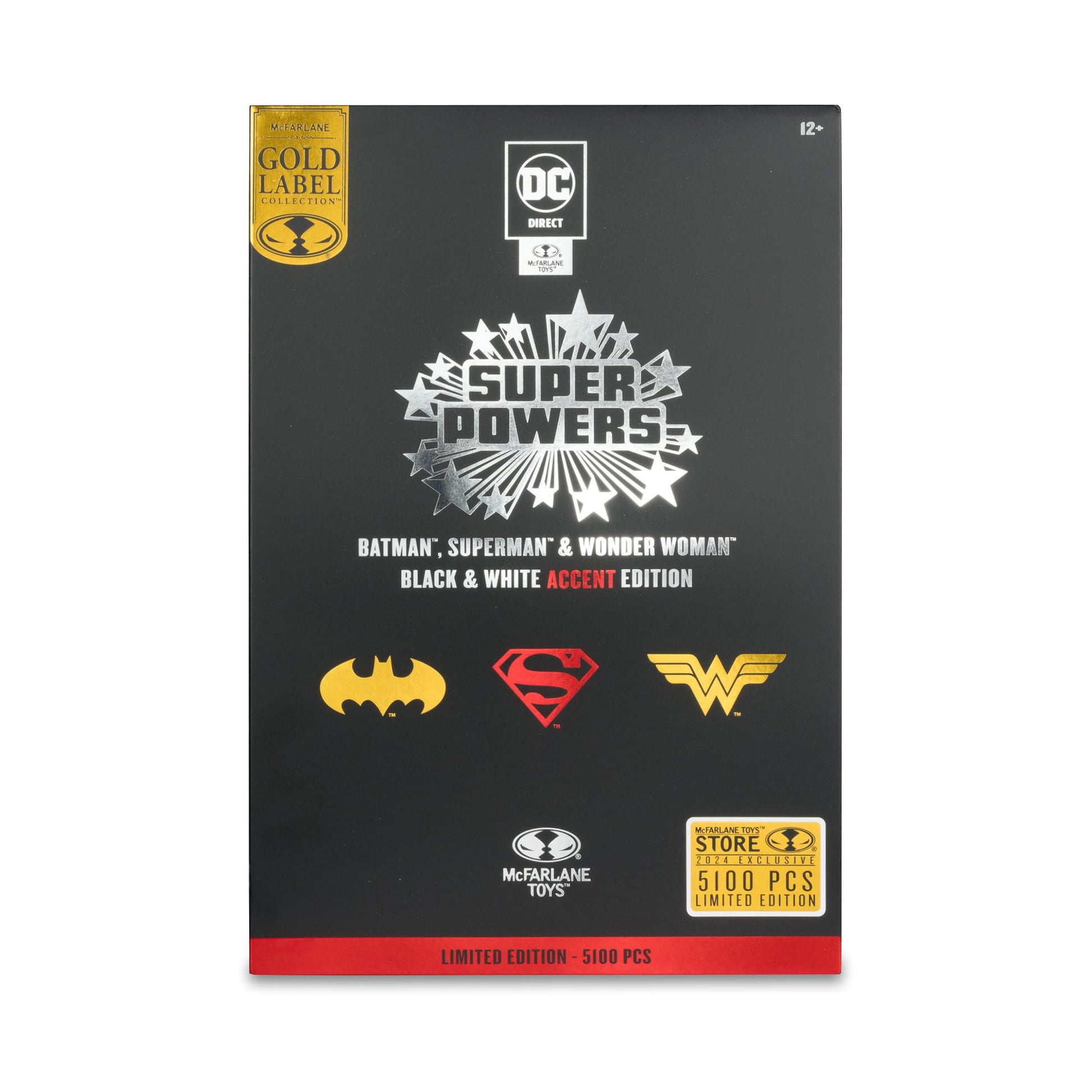 McFarlane Toys DC Super Powers Figure - Batman, Superman, & Wonder Woman (Black & White Accent Edition) Gold Label 3-Pack PRE-ORDER