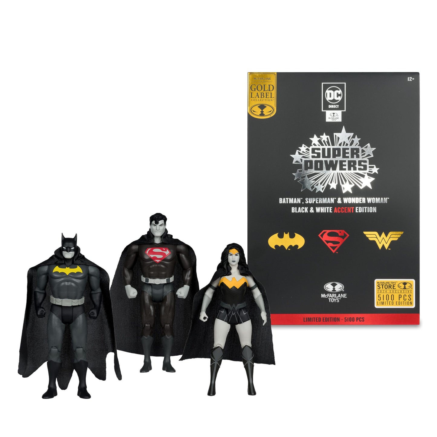 McFarlane Toys DC Super Powers Figure - Batman, Superman, & Wonder Woman (Black & White Accent Edition) Gold Label 3-Pack PRE-ORDER